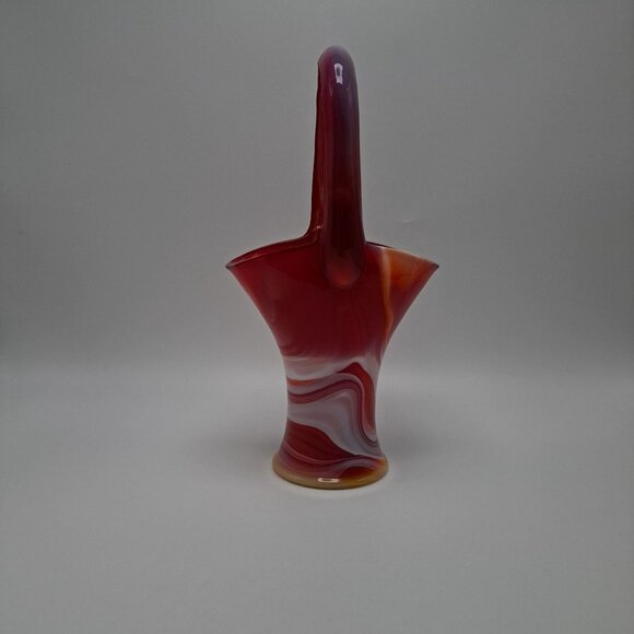 Imperial Slag Glass Basket Swirled Red & White Design Vintage Decorative Piece - Picture 6 of 16